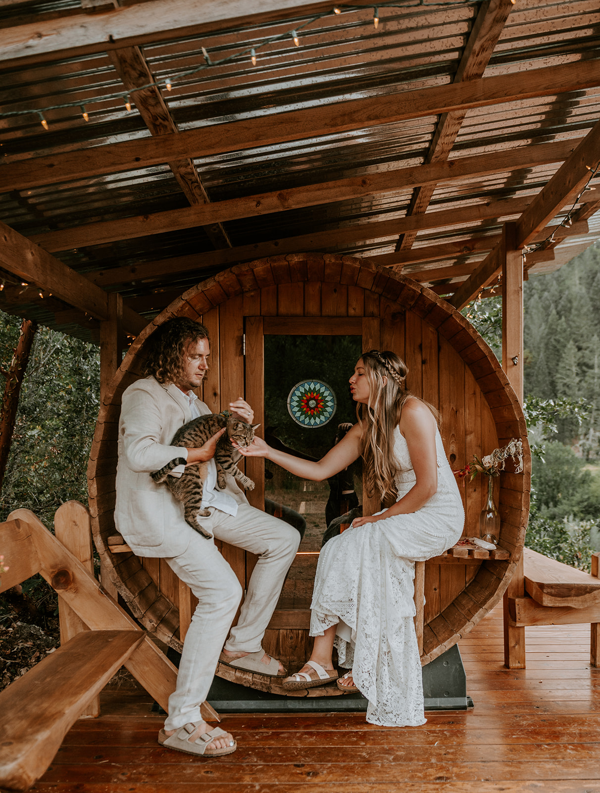 Bride and groom at the sauna at cedar bloom farms