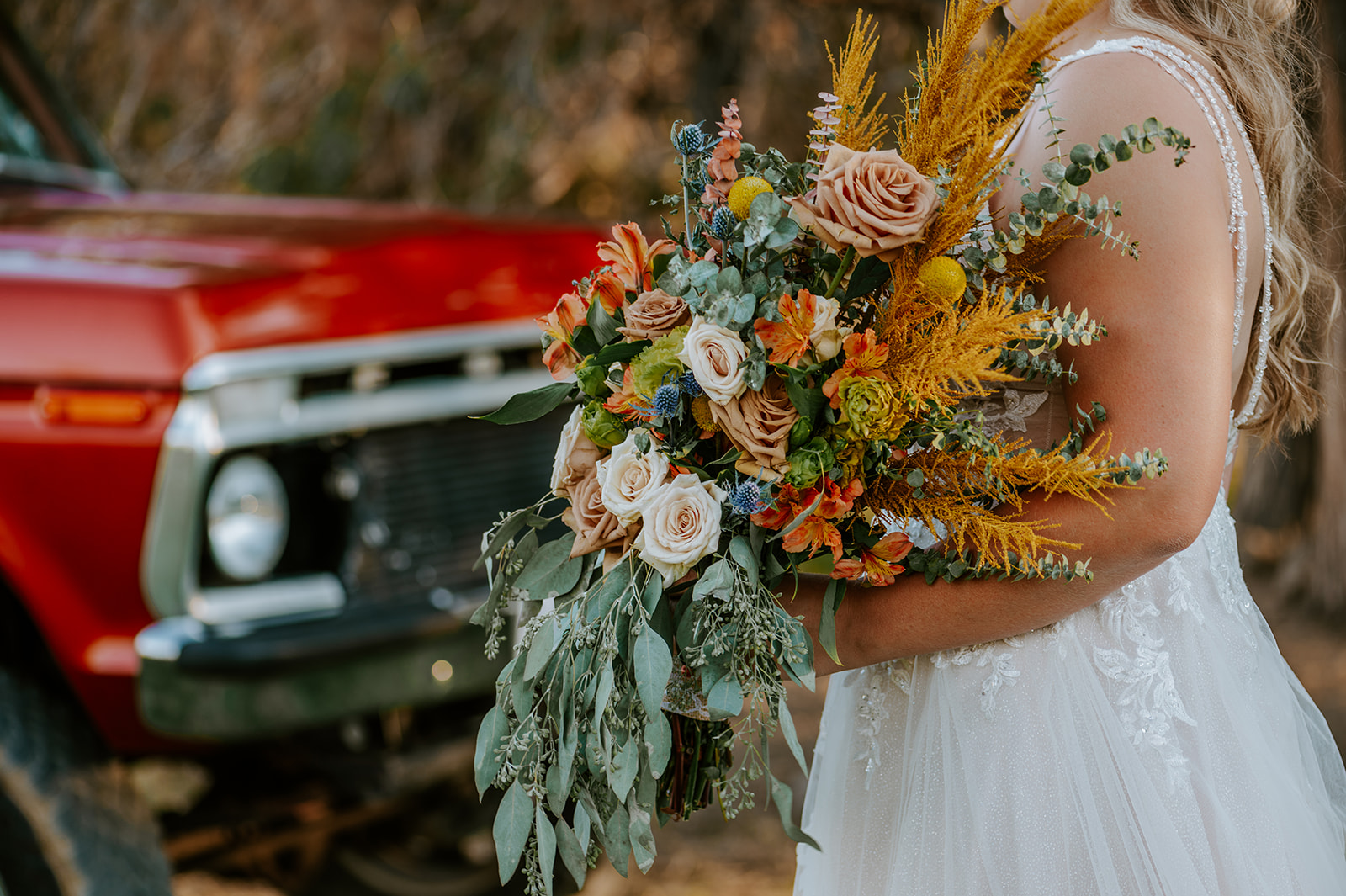 Orange blue and cream country chic bouquet 