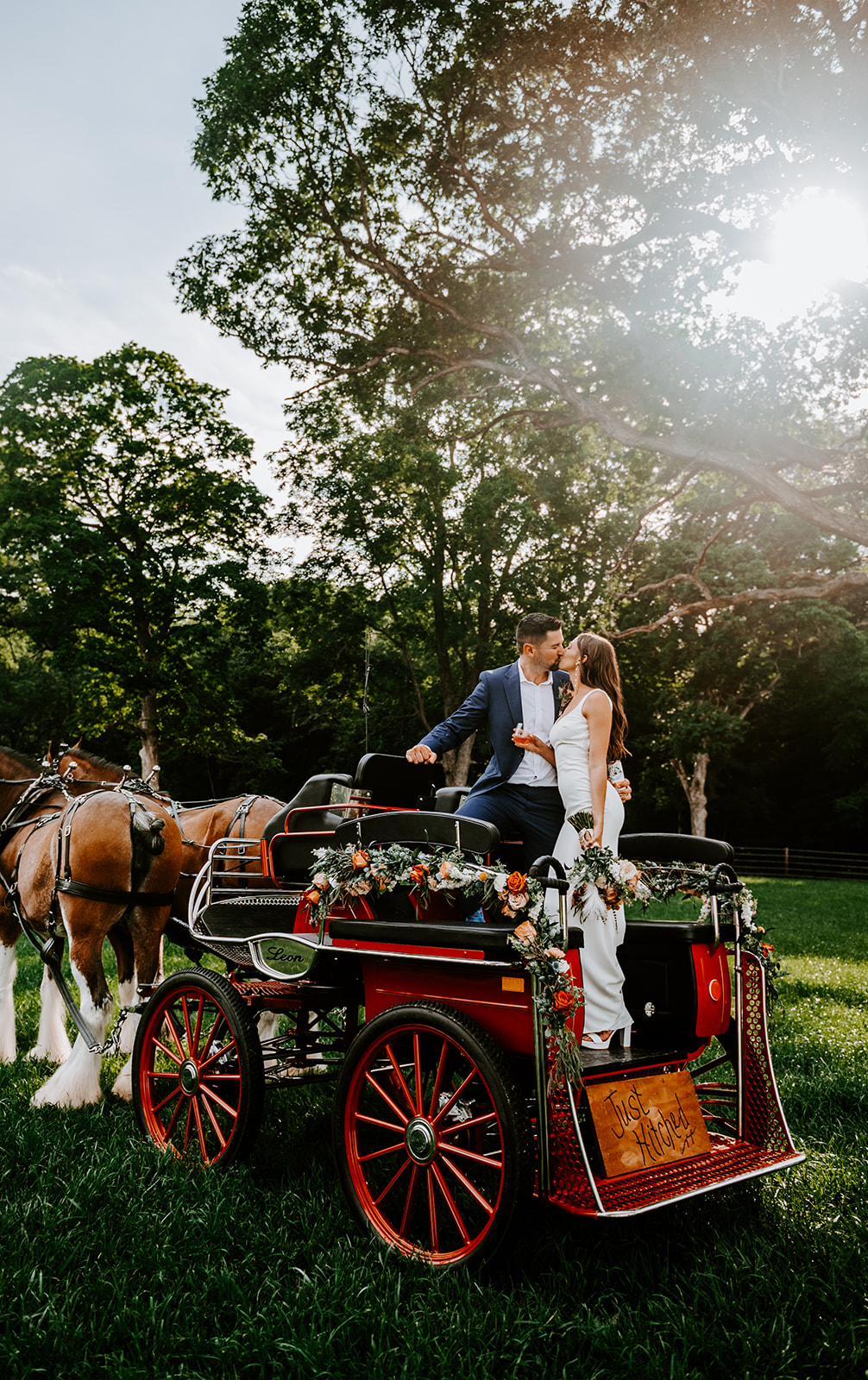 Bride and groom kissing on the back of a horse drawn carriage