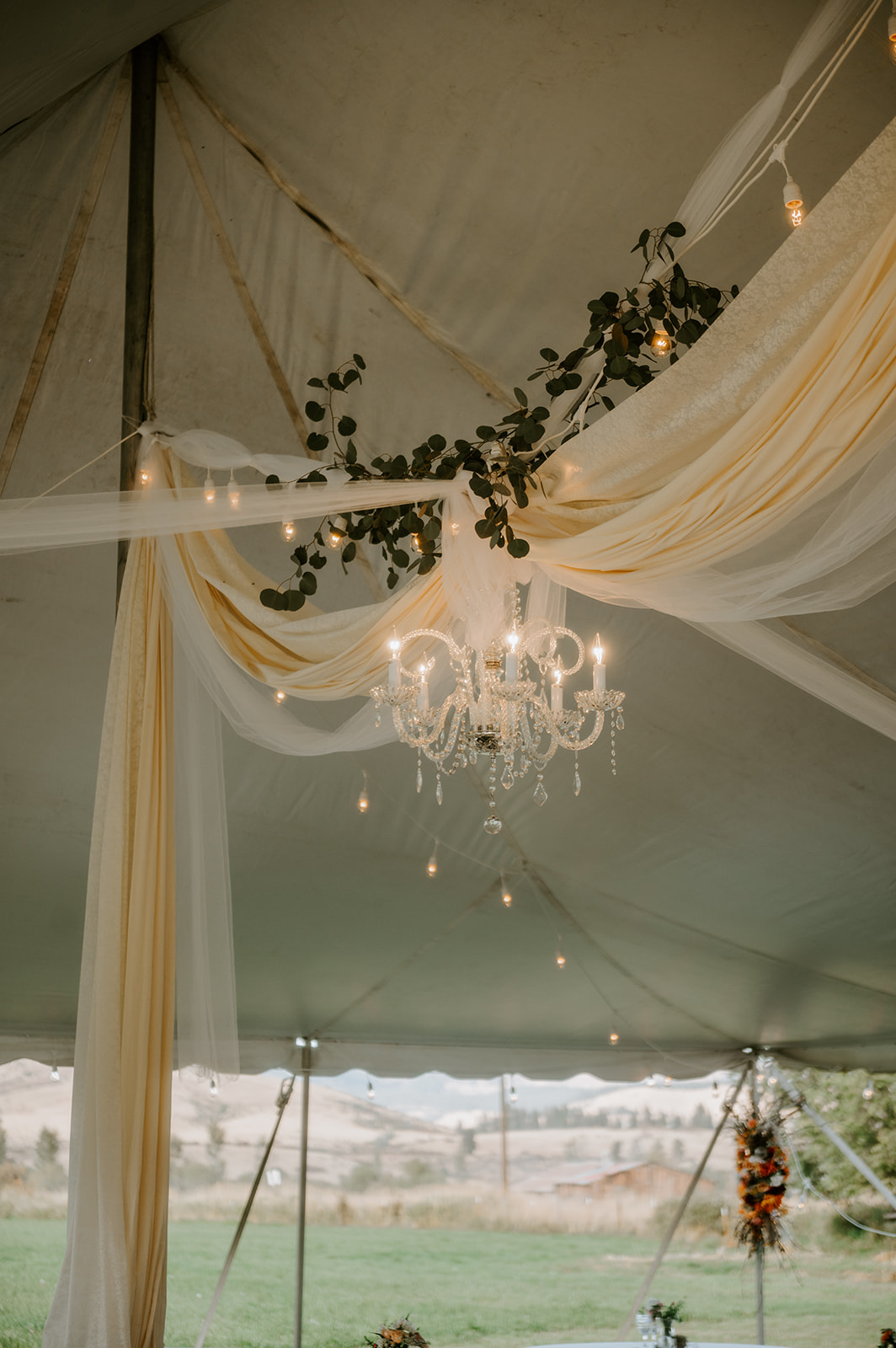 Chandelier in wedding tent 