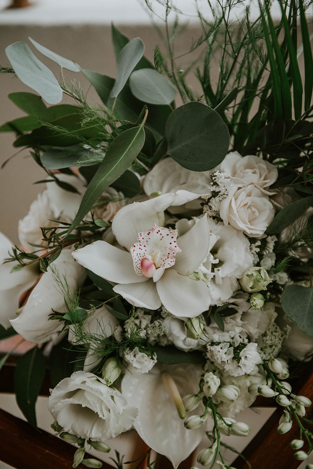 White and green tropical wedding flowers