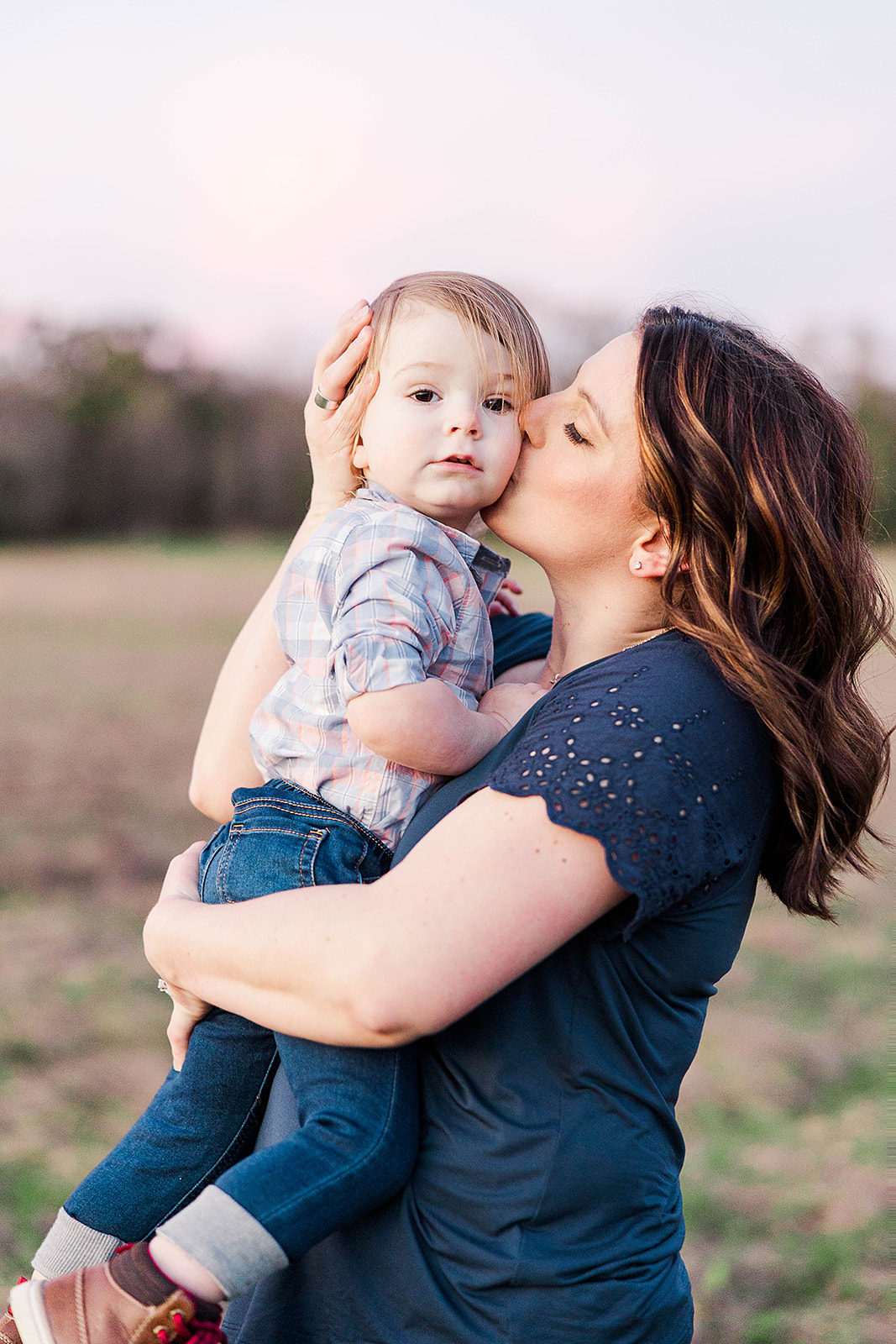 Mom and baby boy photos with pastel sky