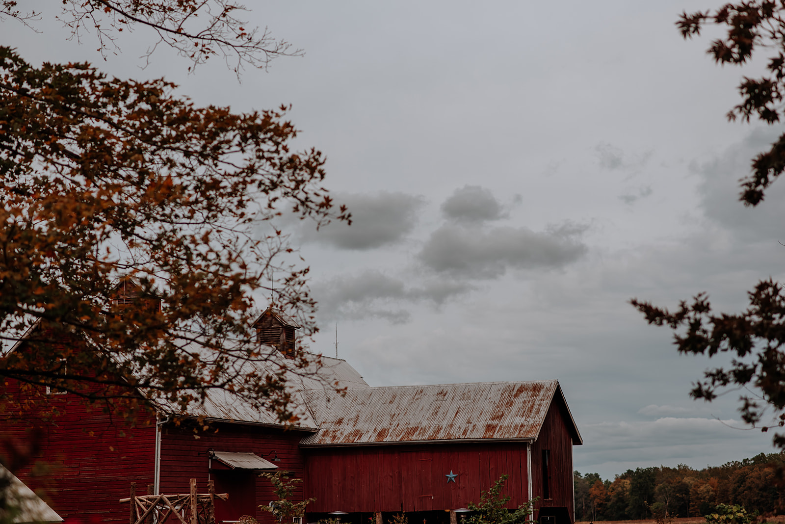 Big red barn framed with orange autumn leaves on a cloudy day.