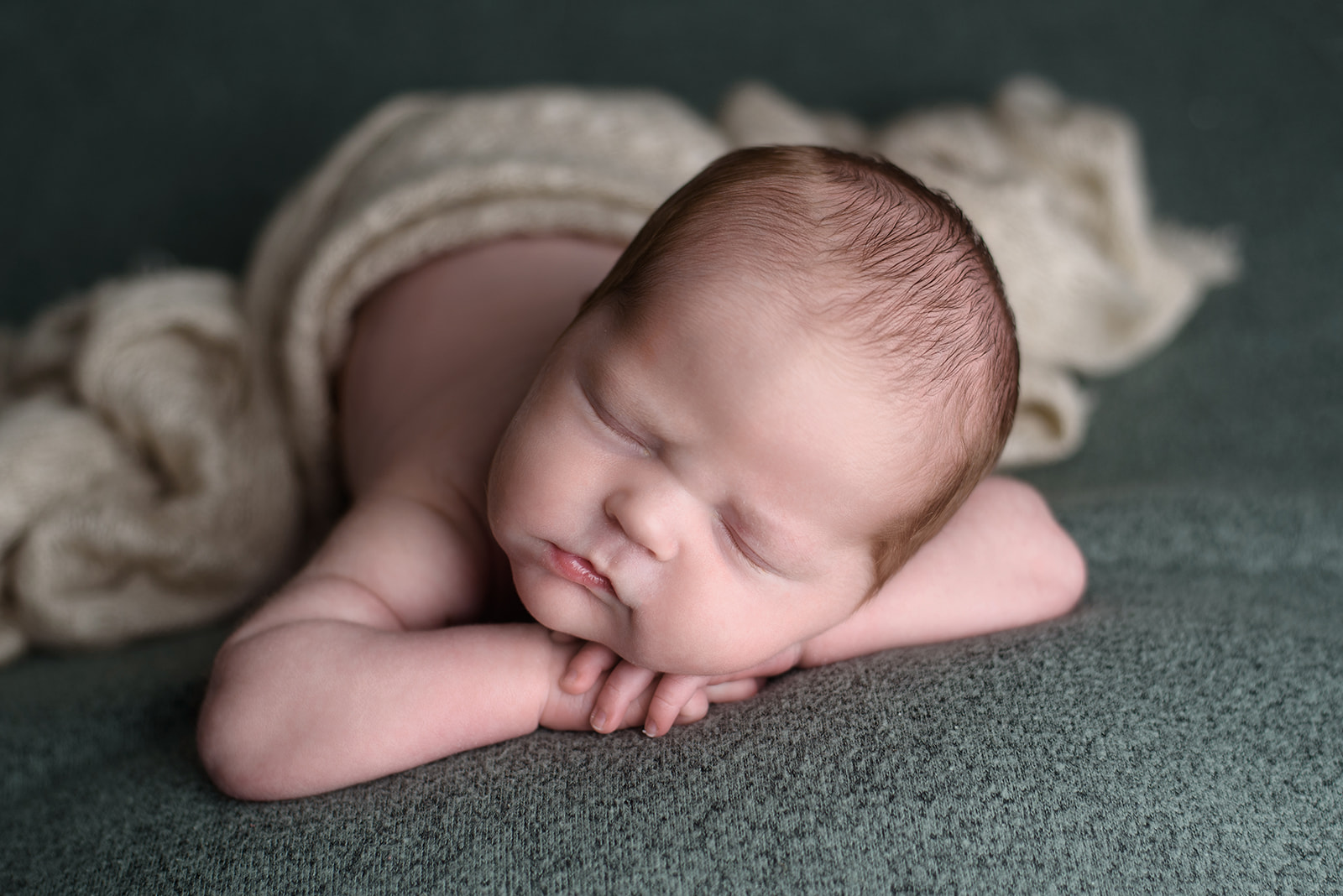 A newborn baby rests on his hands during his timeless newborn photography session