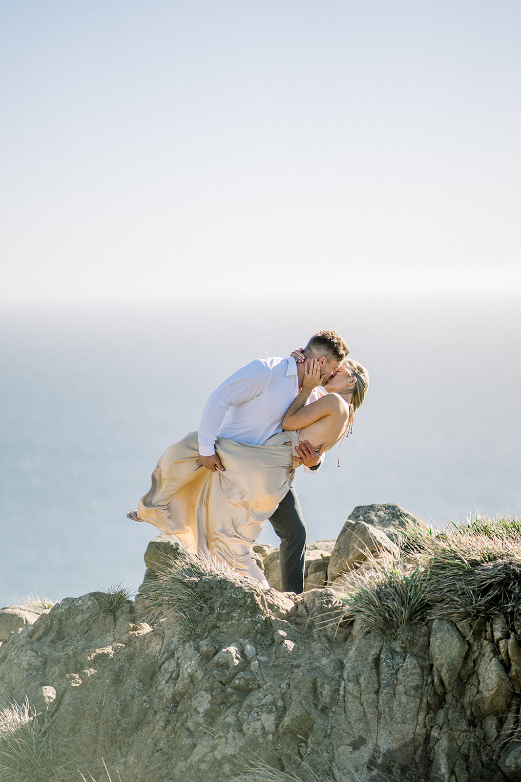 Dip Coastal Point Reyes, CA engagement session Photographer formal gold dress