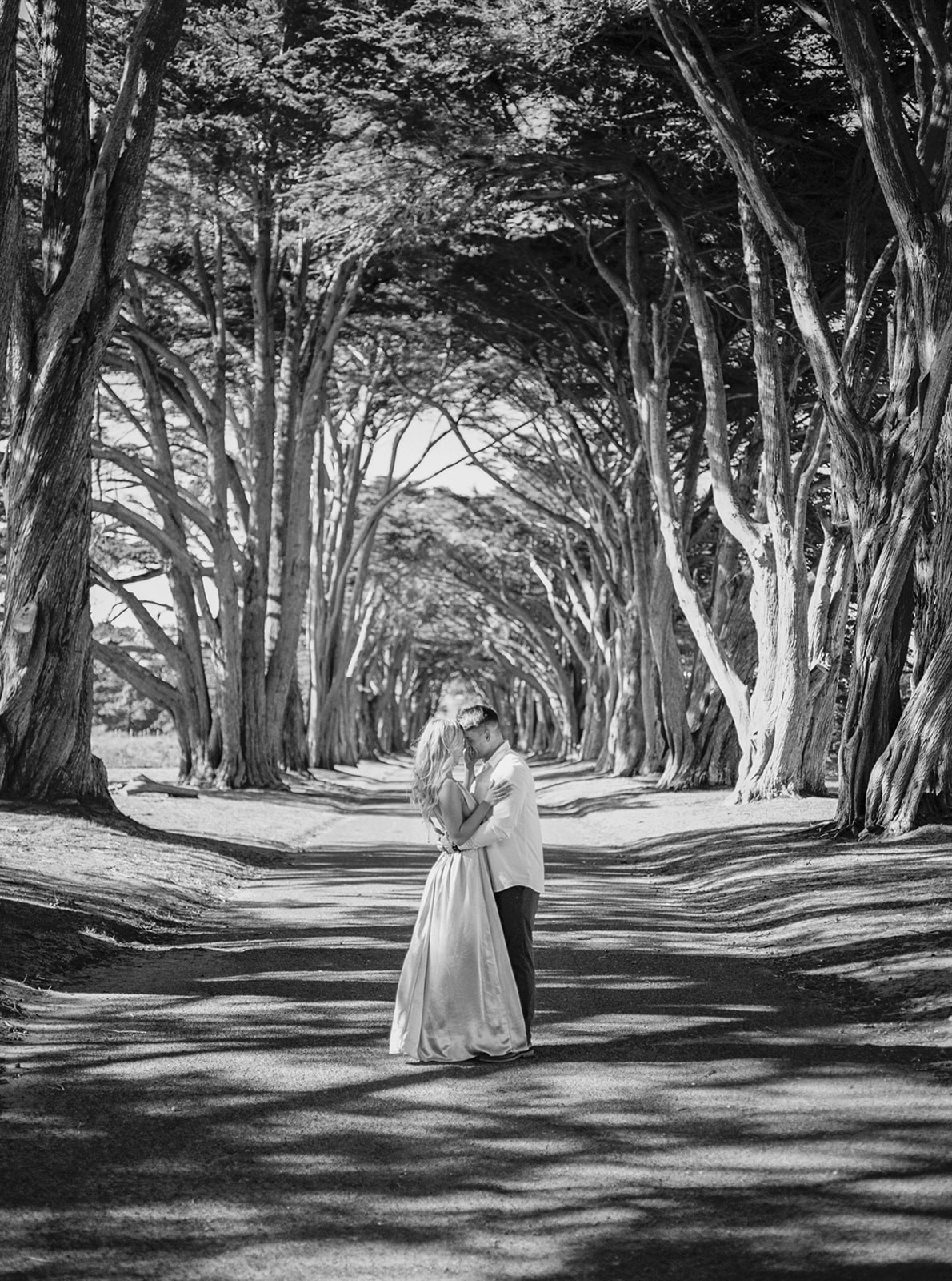 Film photographer Engagement couple at Cypress tree tunnel at Point Reyes CA