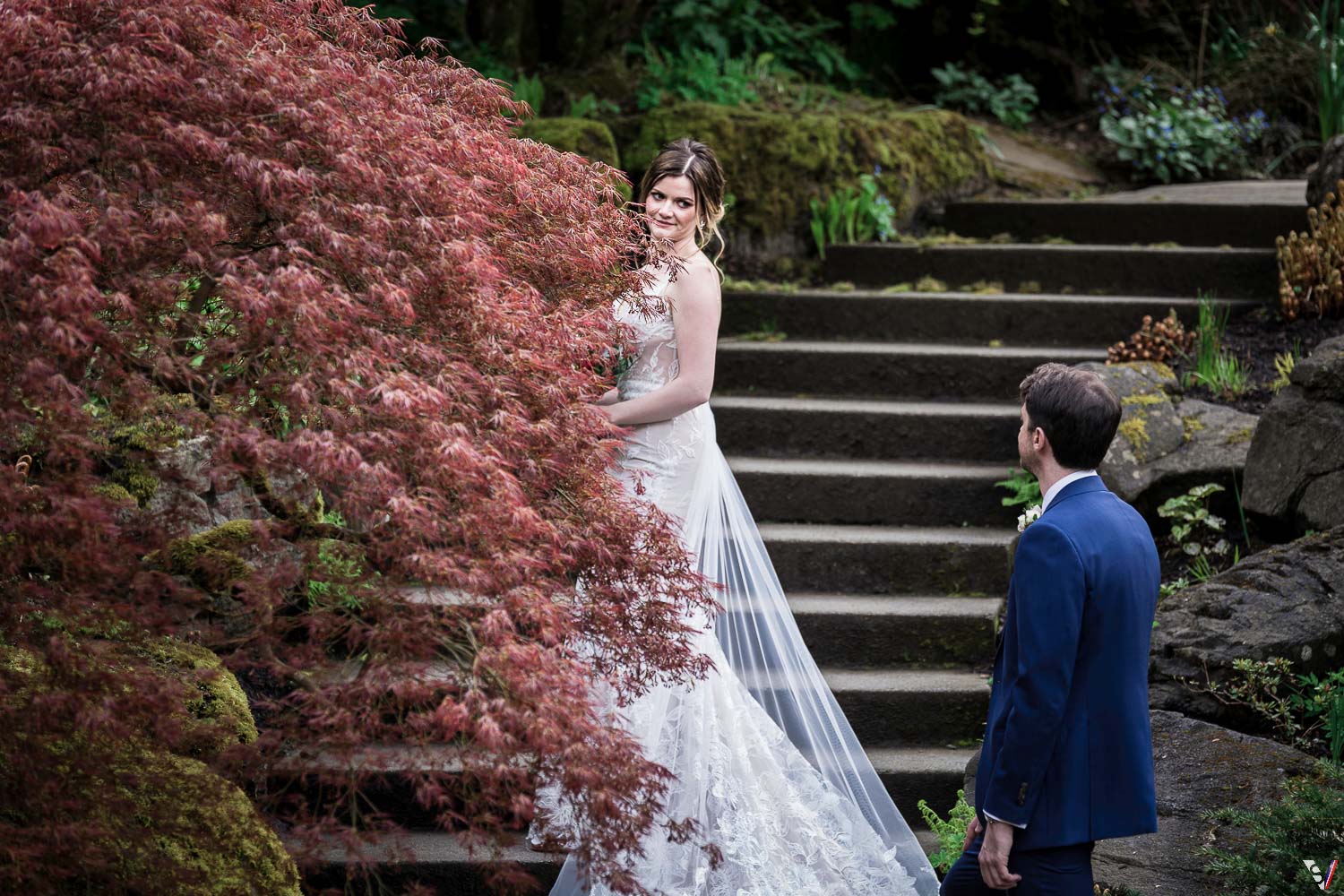 bride posing with red maple tree Vancouver