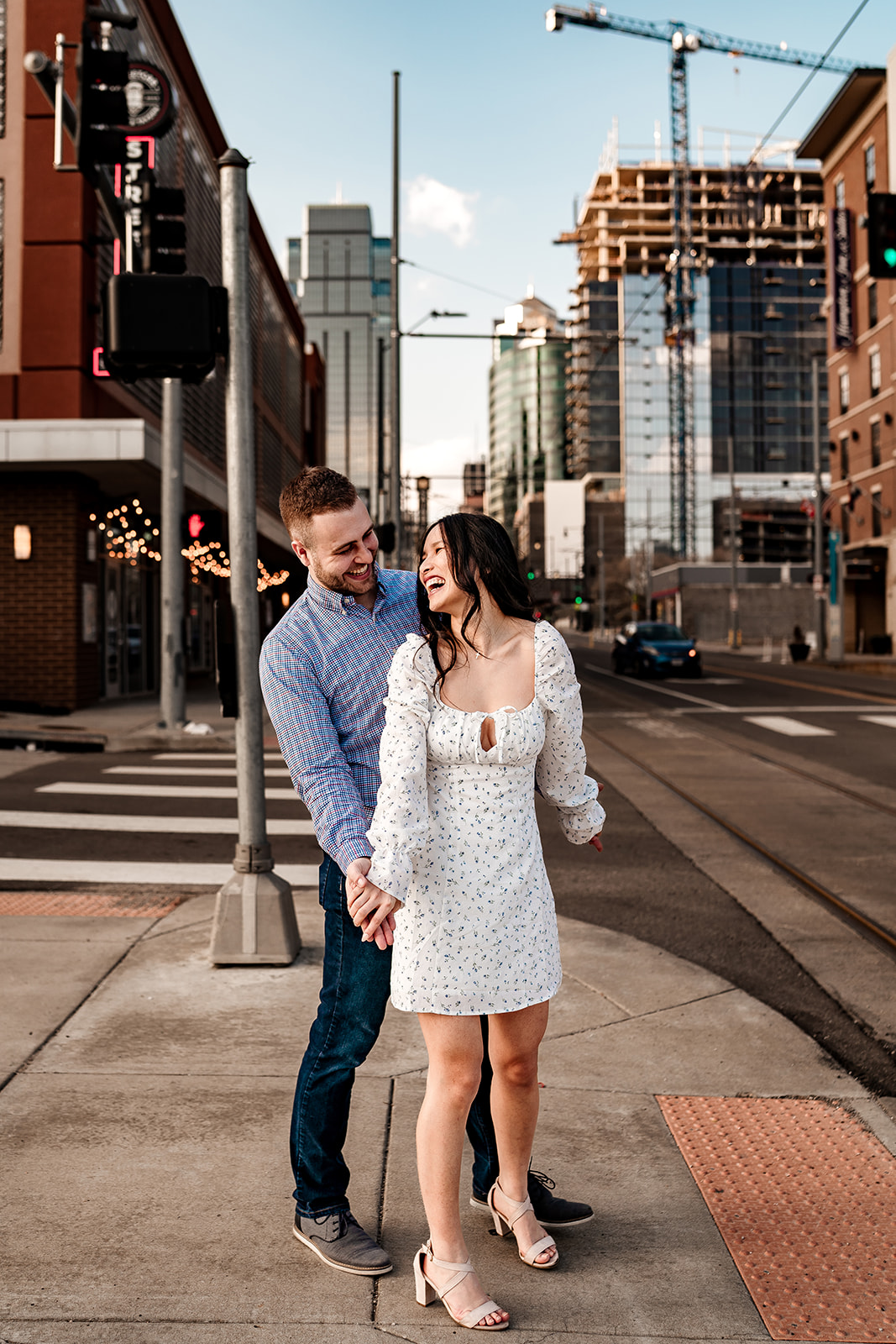 Engaged couple in the KC Crossroads Arts District