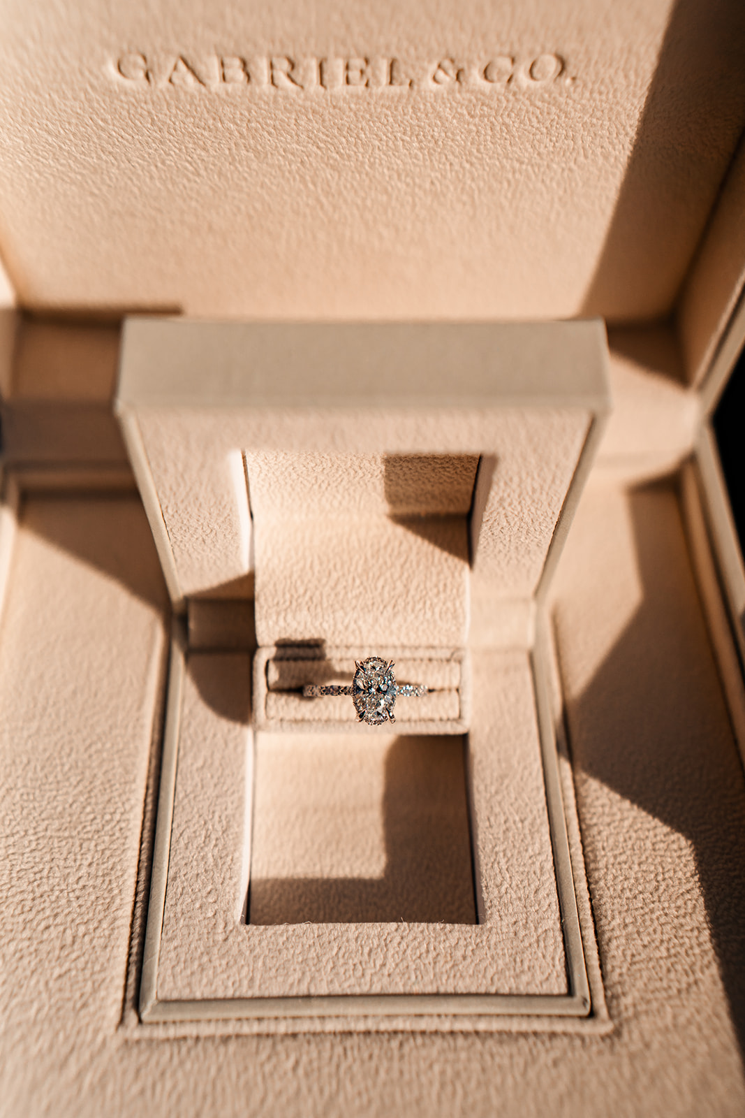 Oval cut Gabriel & Co. engagement ring in box