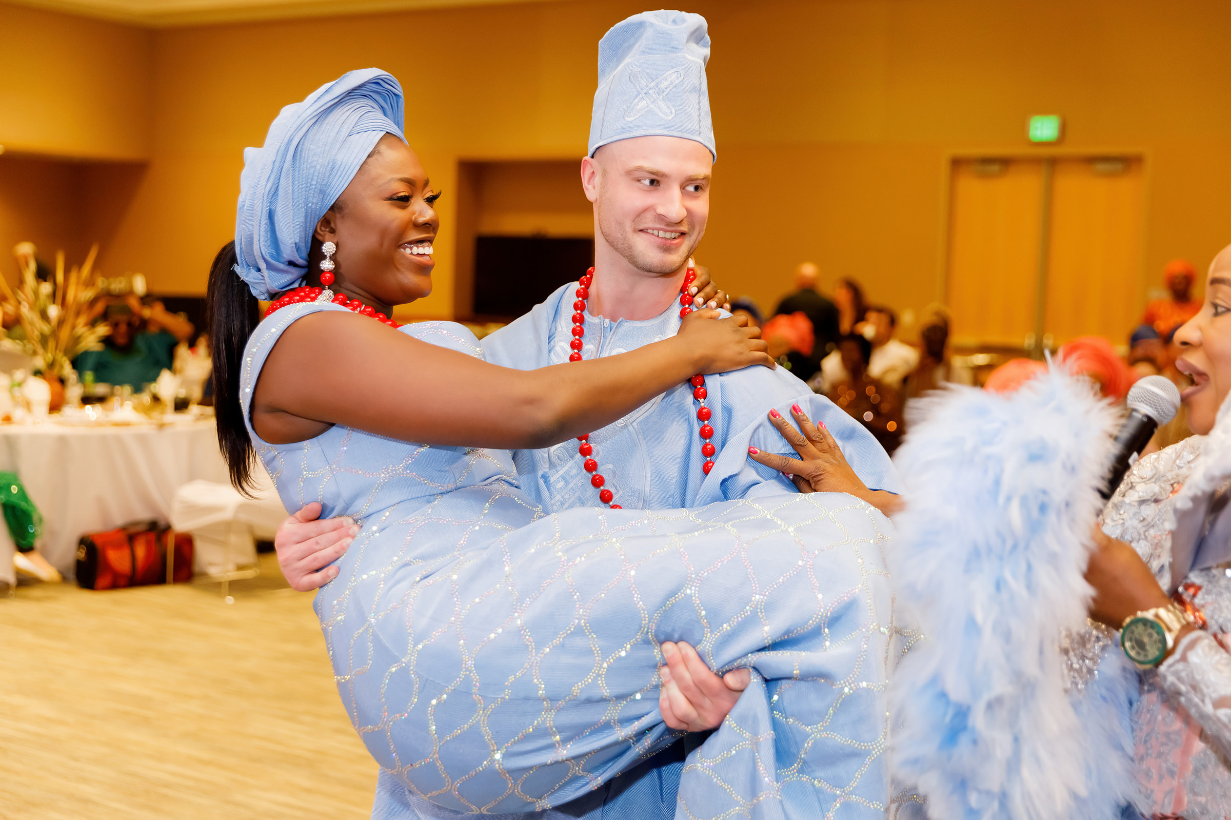 Bride and groom during their Nigerian and American traditional wedding at Truhlsen Campus Events Center at UNMC