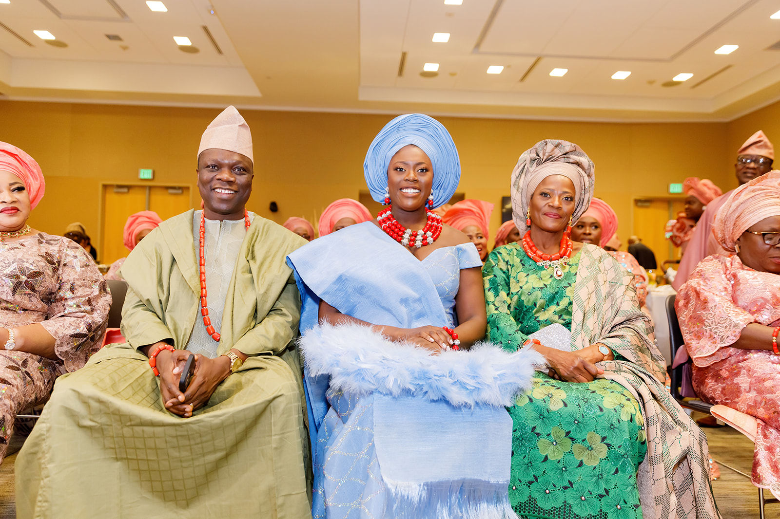 Bride and her parents during Nigerian and American traditional wedding at Truhlsen Campus Events Center at UNMC