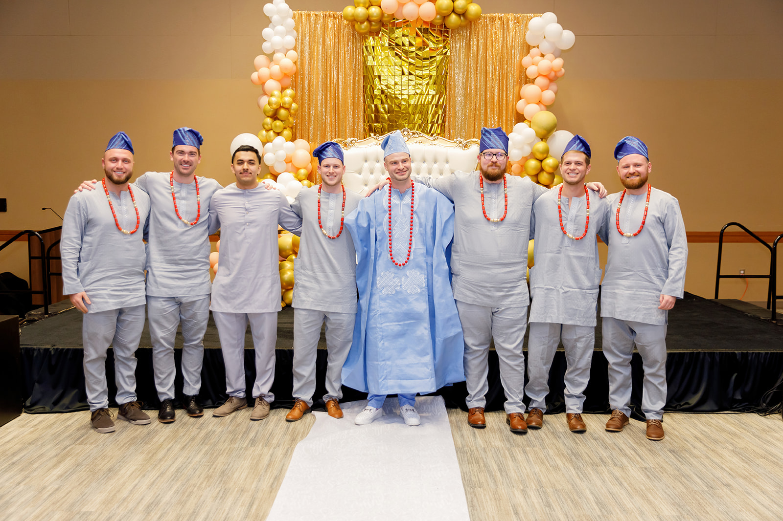 Groom and groomsmen during Nigerian and American traditional wedding at Truhlsen Campus Events Center at UNMC