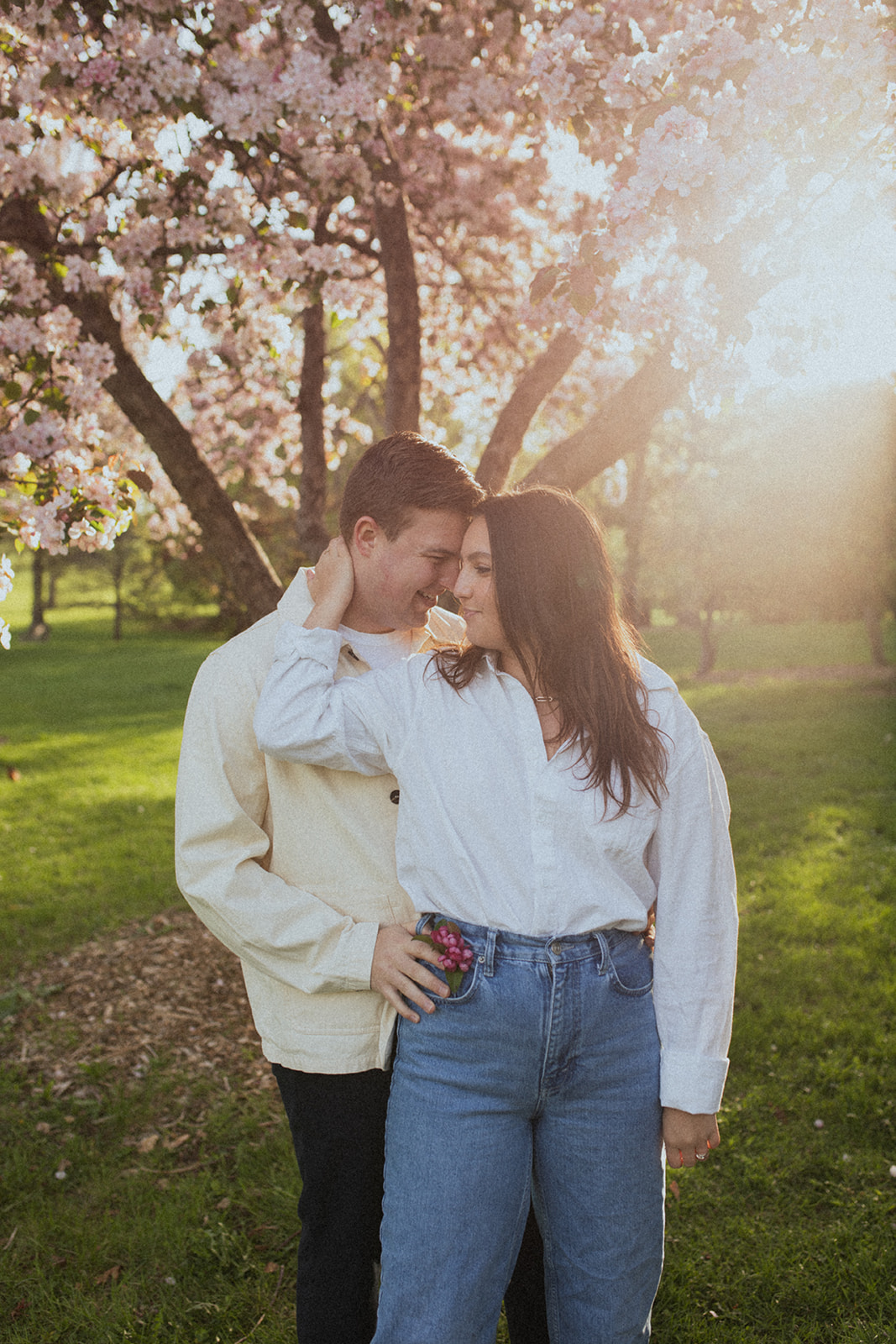 couple embracing each other at sunrise under flowering trees