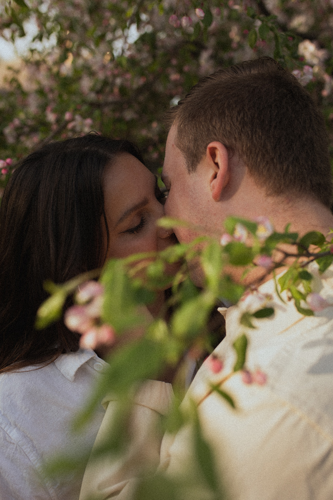 a couple kissing and hidden behind flowering trees