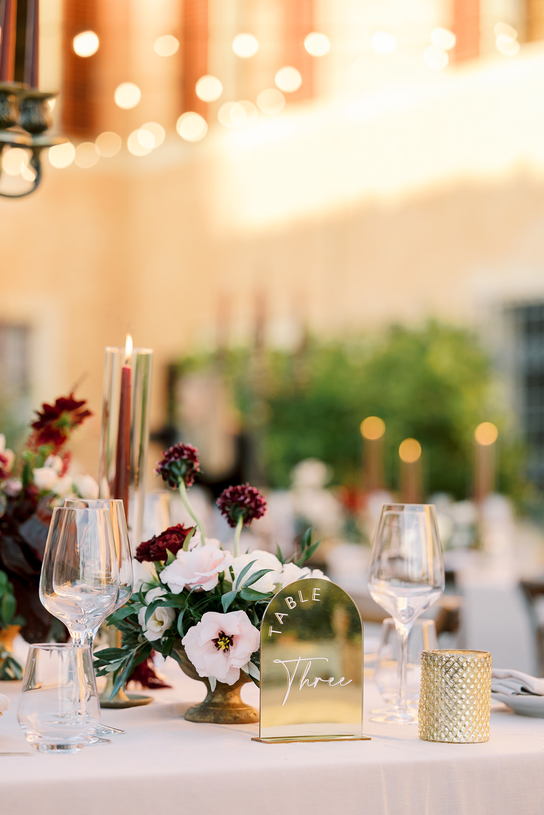 Italian wedding reception table details at Villa Catignano
