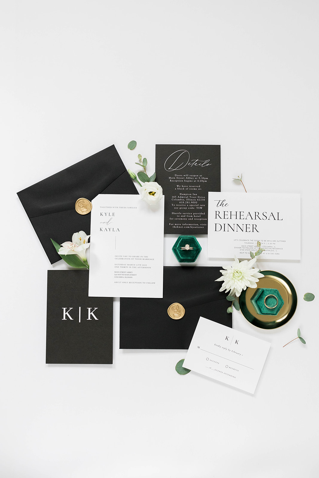 Wedding stationery details with an emerald green color palette