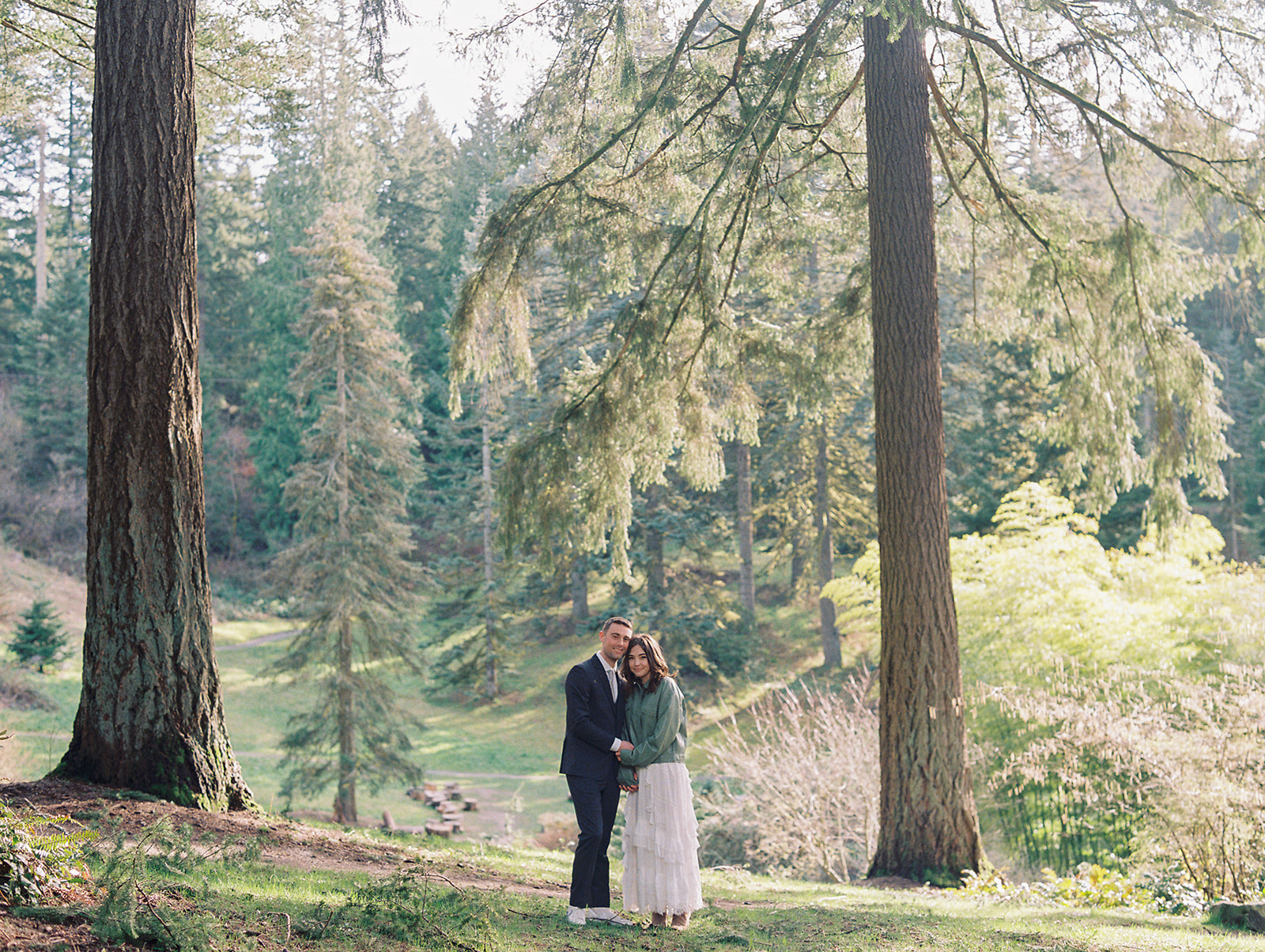 landscape image on 120 format film of couple just married in Portland