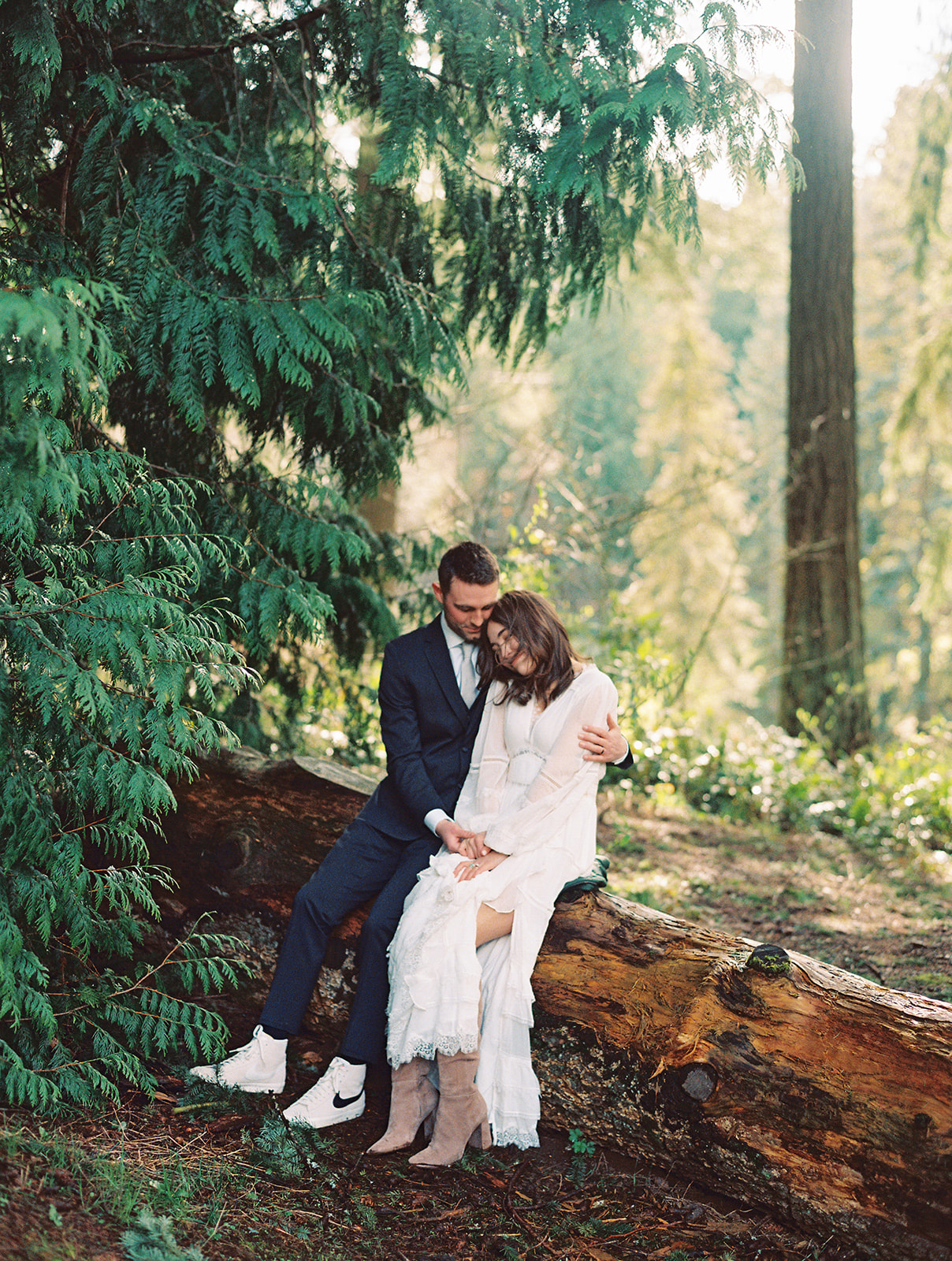 a portrait of bride and groom just married at Hoyt Arboretum in Portland, Oregon