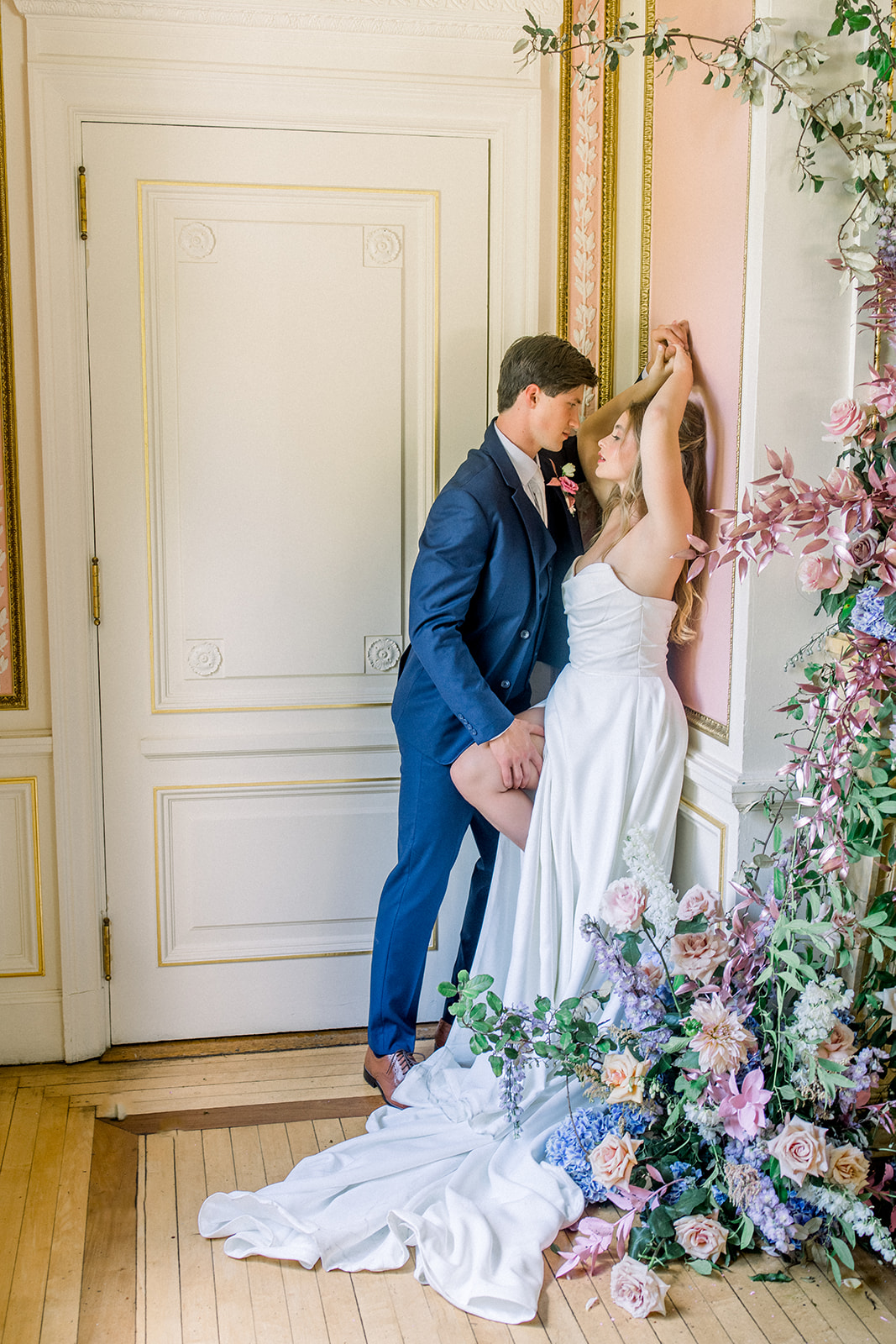Bride and groom sharing a romantic kiss, showcasing a destination wedding at Cairnwood Estate.