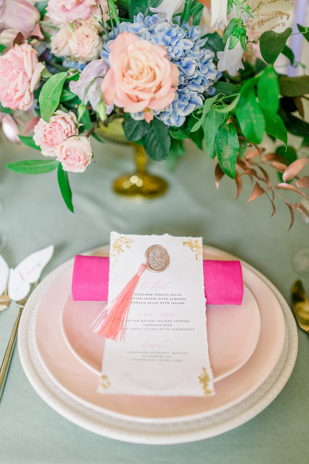 Elegant pink and green wedding menu by Elephant Limbo.