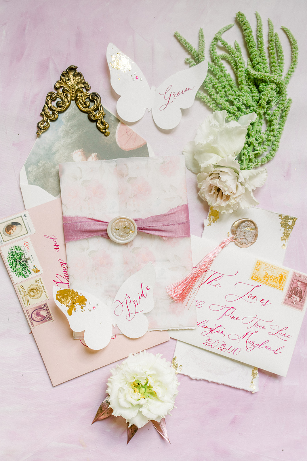 Elegant wedding invitation suite on blush fabric with gold vintage details and florals, by Elephant Limbo.