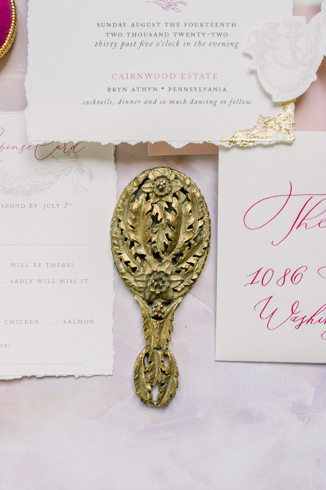 Elegant wedding invitation suite on blush fabric with gold vintage mirror and florals, by Elephant Limbo.
