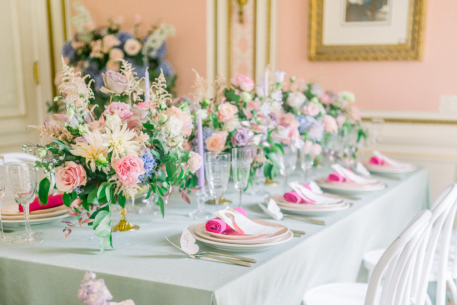 Luxury blush and sage green wedding reception table