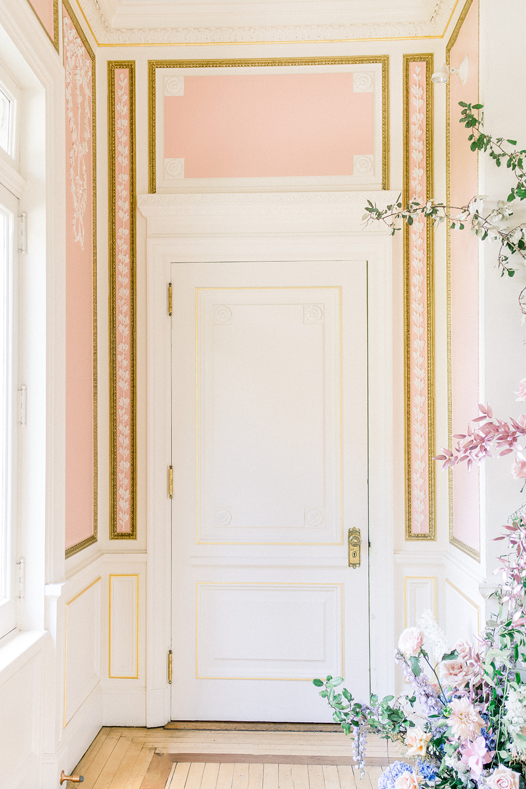 Pink room with classic white door at luxury wedding at Cairnwood Estate 