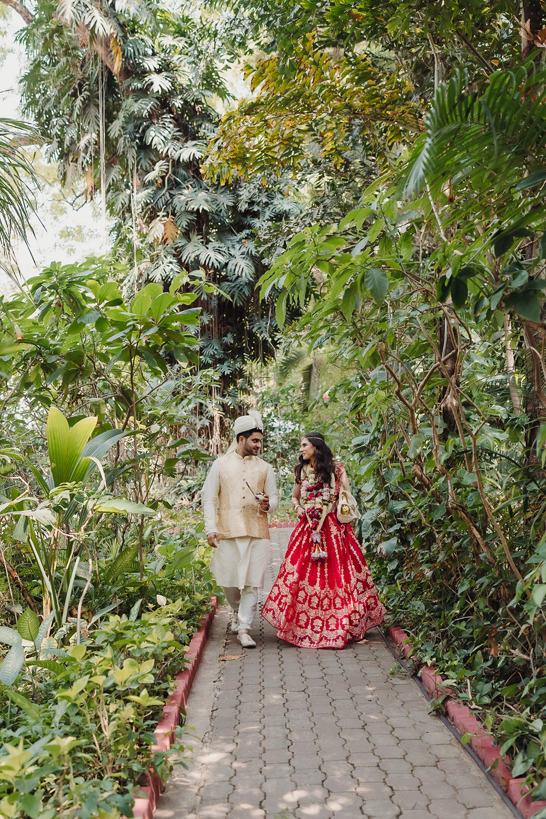 Bride and groom take a joyous walk together