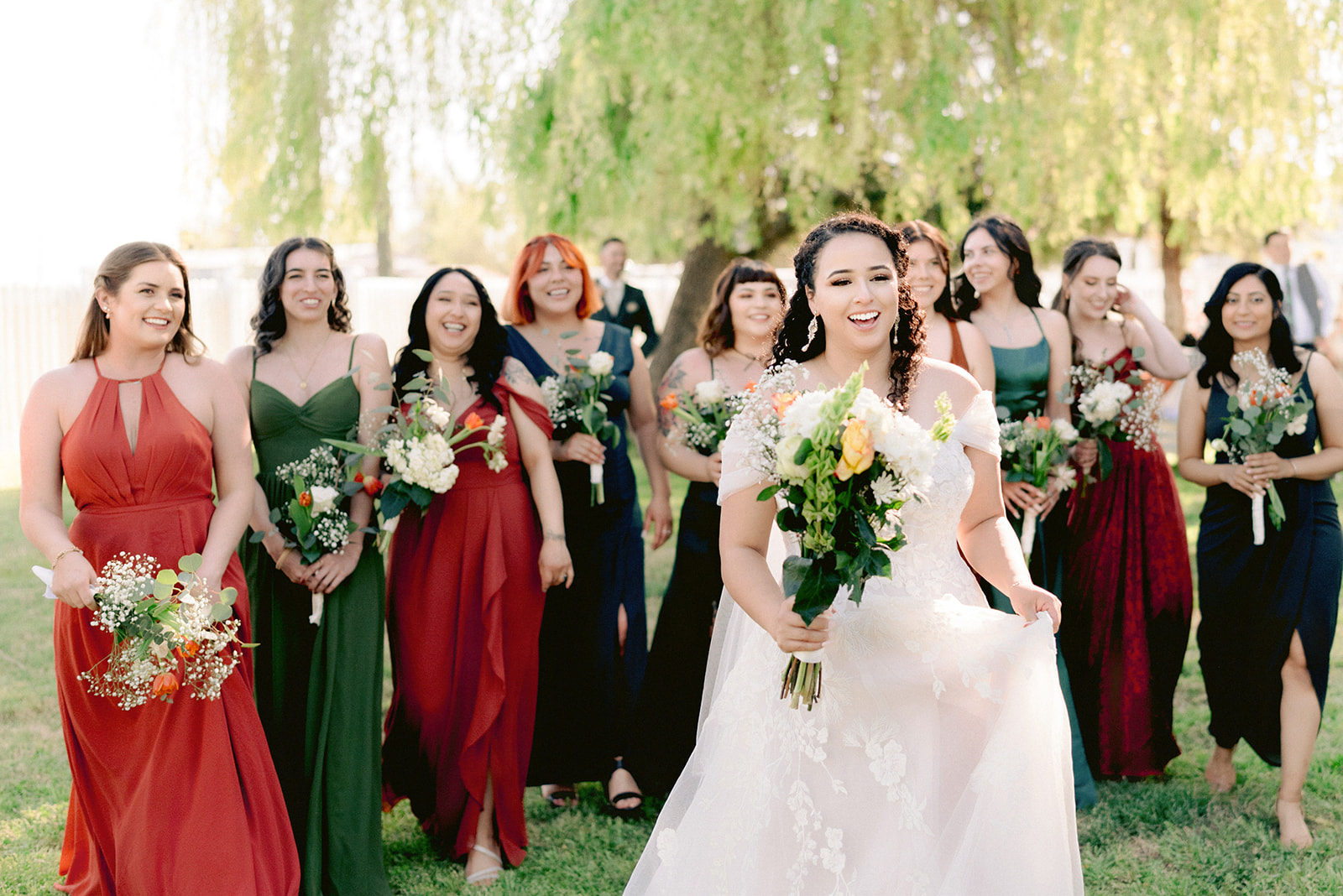 Classic romantic wedding, hunter green, sage,  champagne, rusty red bridesmaids and bride