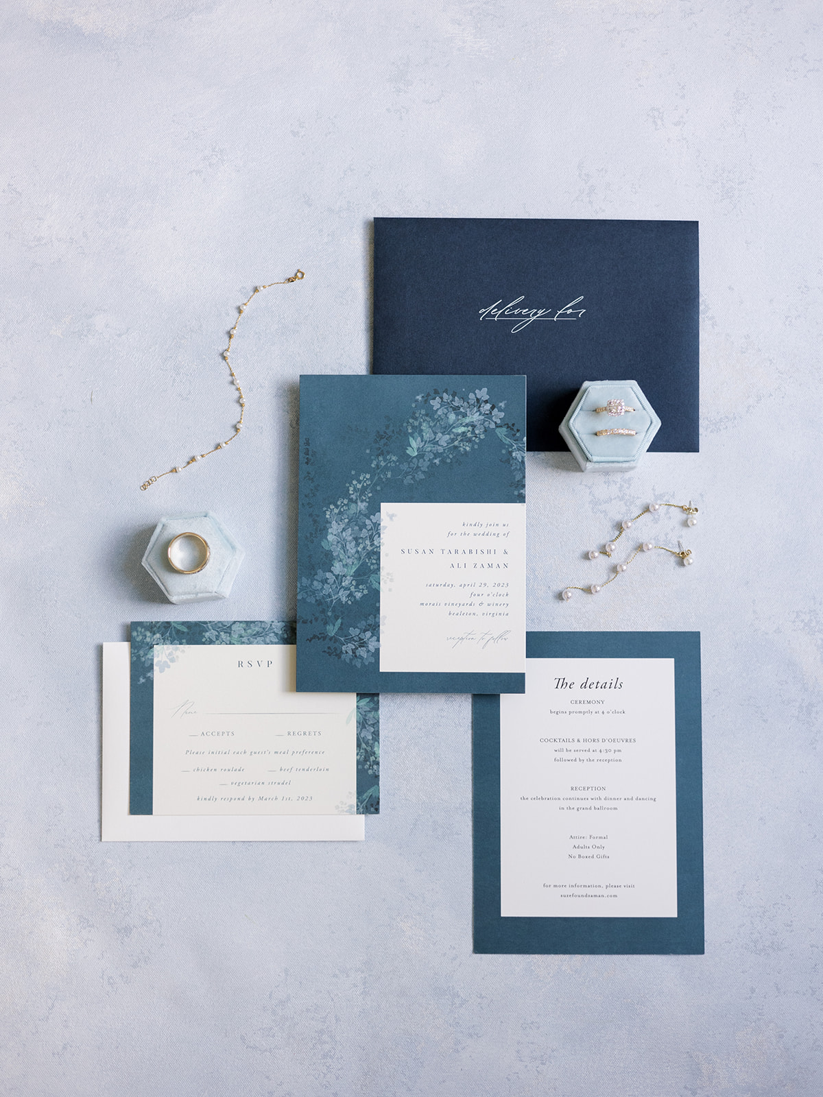 morais vineyard winery virginia bealeton wedding blue wedding stationery gold wedding rings blue details invitation