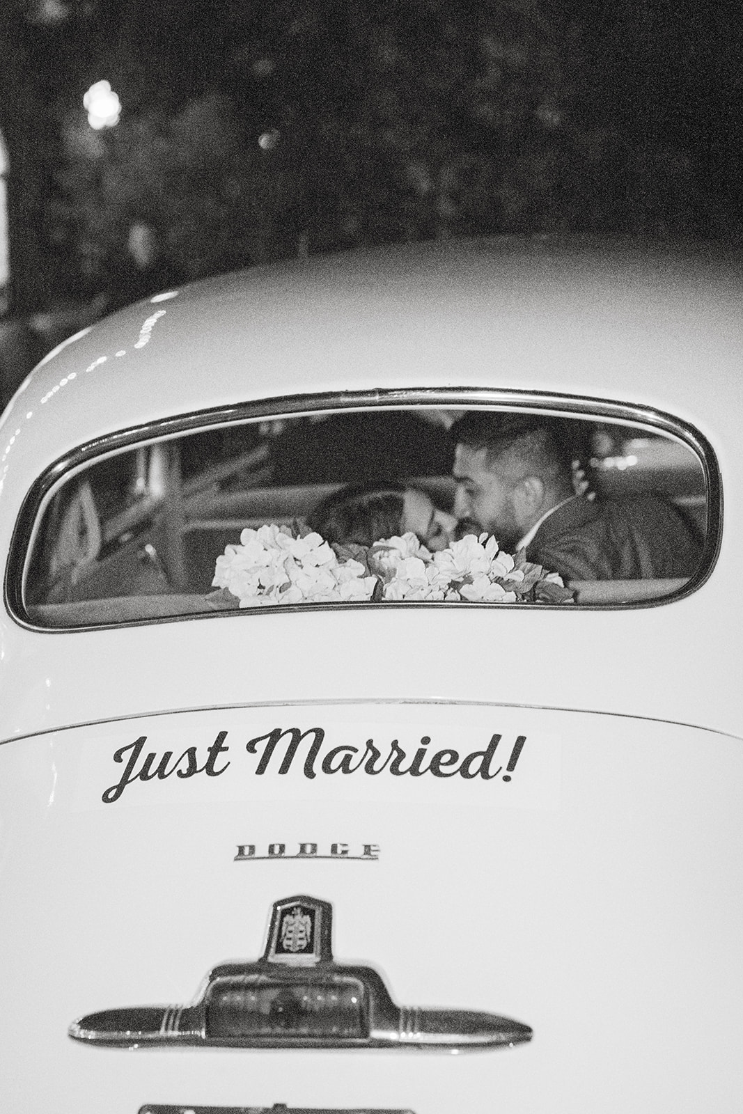 morais vineyard winery virginia bealeton wedding just married bride and groom exit bubbles blowing cute vintage car