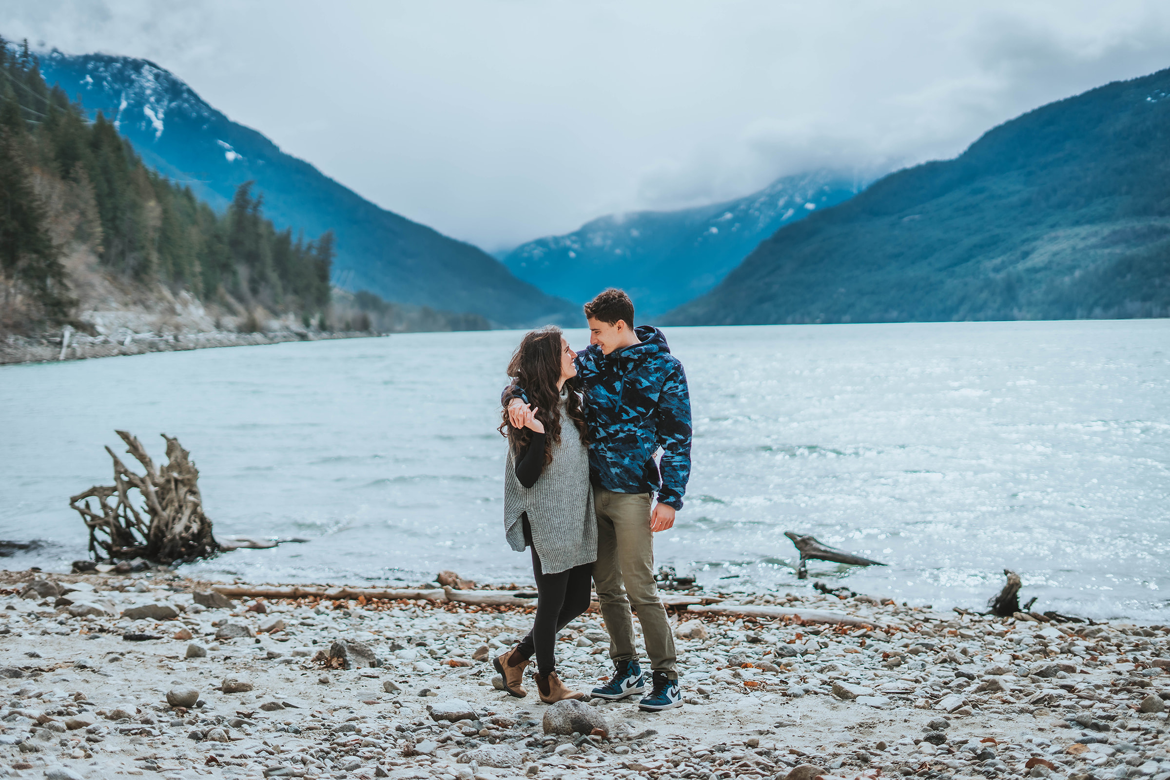Engagement photography on the lake at Driftwood Bay Campground, on Lillooet Lake Road, Pemberton, BC. 