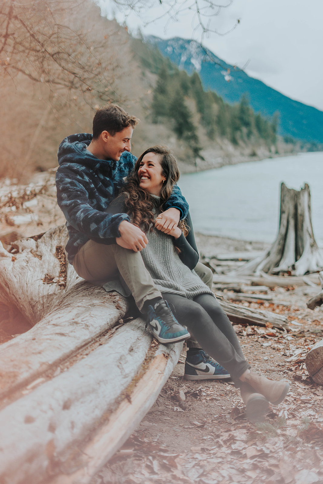 Engagement photography on the beach at Driftwood Bay Campground, on Lillooet Lake Road, Pemberton, BC. 
