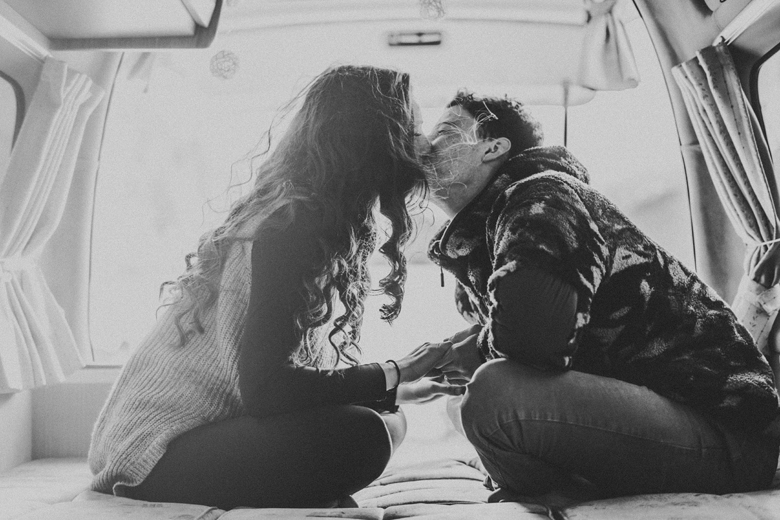 Cute camper van kiss engagement photos at Lillooet Lake, with Amie Le Blanc of Le Blanc Studio. Black and white. 