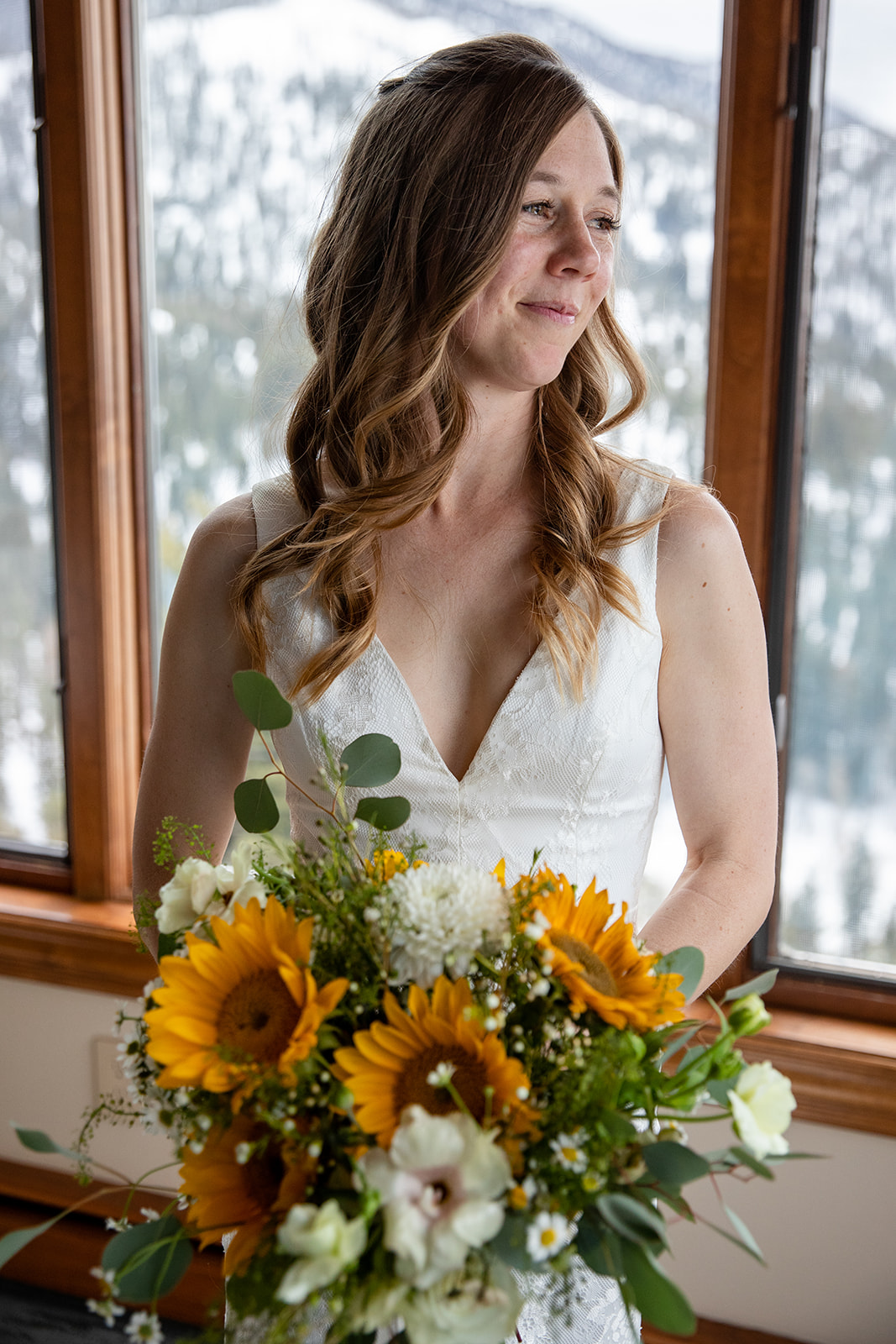 Bridal portrait with sunflower bouquet in Lake Tahoe